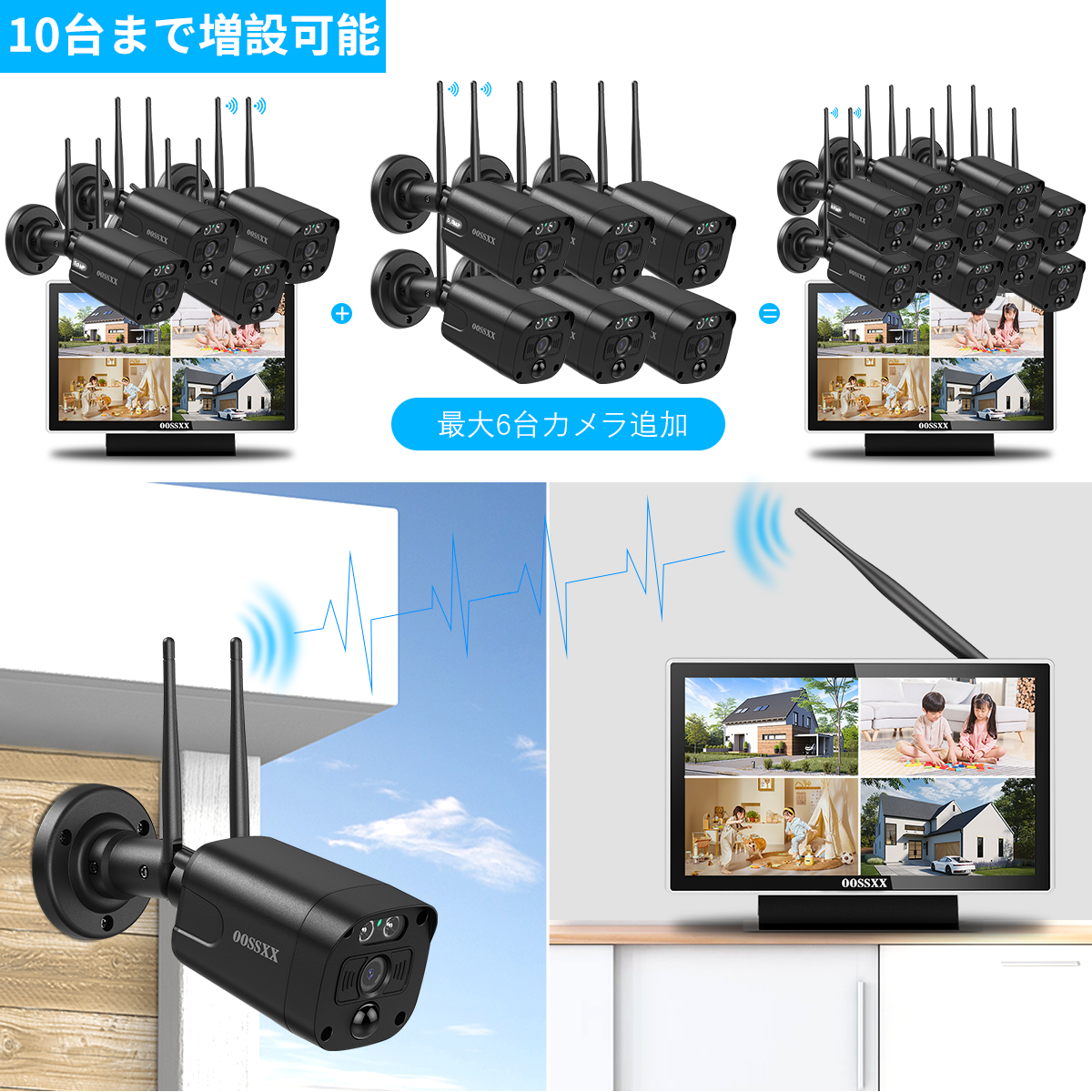 【双方向通話・ダブルアンテナ信号強化・130° 超広角】 防犯カメラ ワイヤレス 屋外 3K 500万画素4台 モニター一体型録画機 セキュリティカメラ 黒ブラック スマホ対応 無線 セキュリティ (10インチ4台カメラセット(1TB HDD))