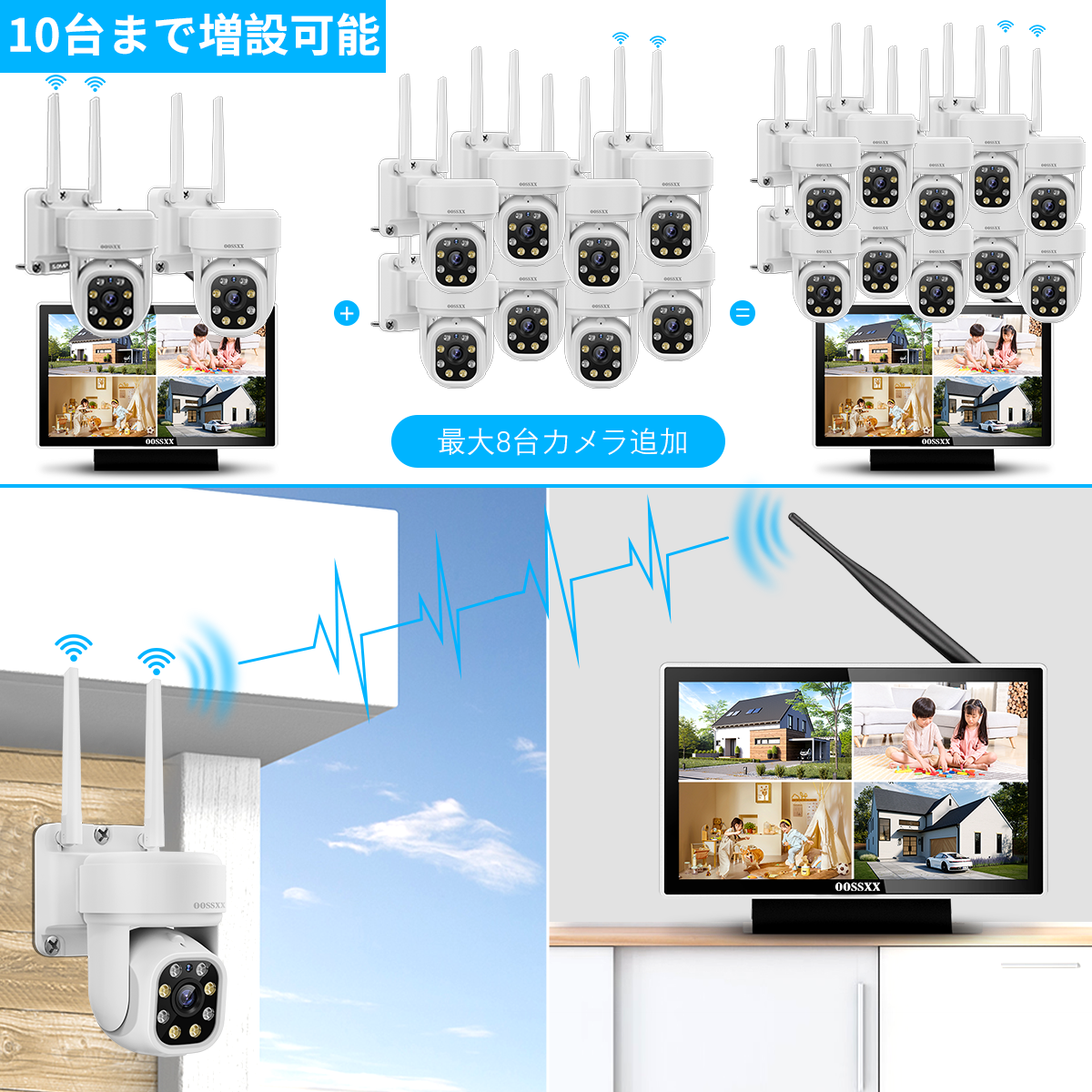 【双方向通話・PTZカメラ】 防犯カメラ ワイヤレス 屋外 500万画素ワイヤレスセット セキュリティ 家庭用防犯カメラ 監視カメラ 屋内 モニター一体型 4台セット 無線