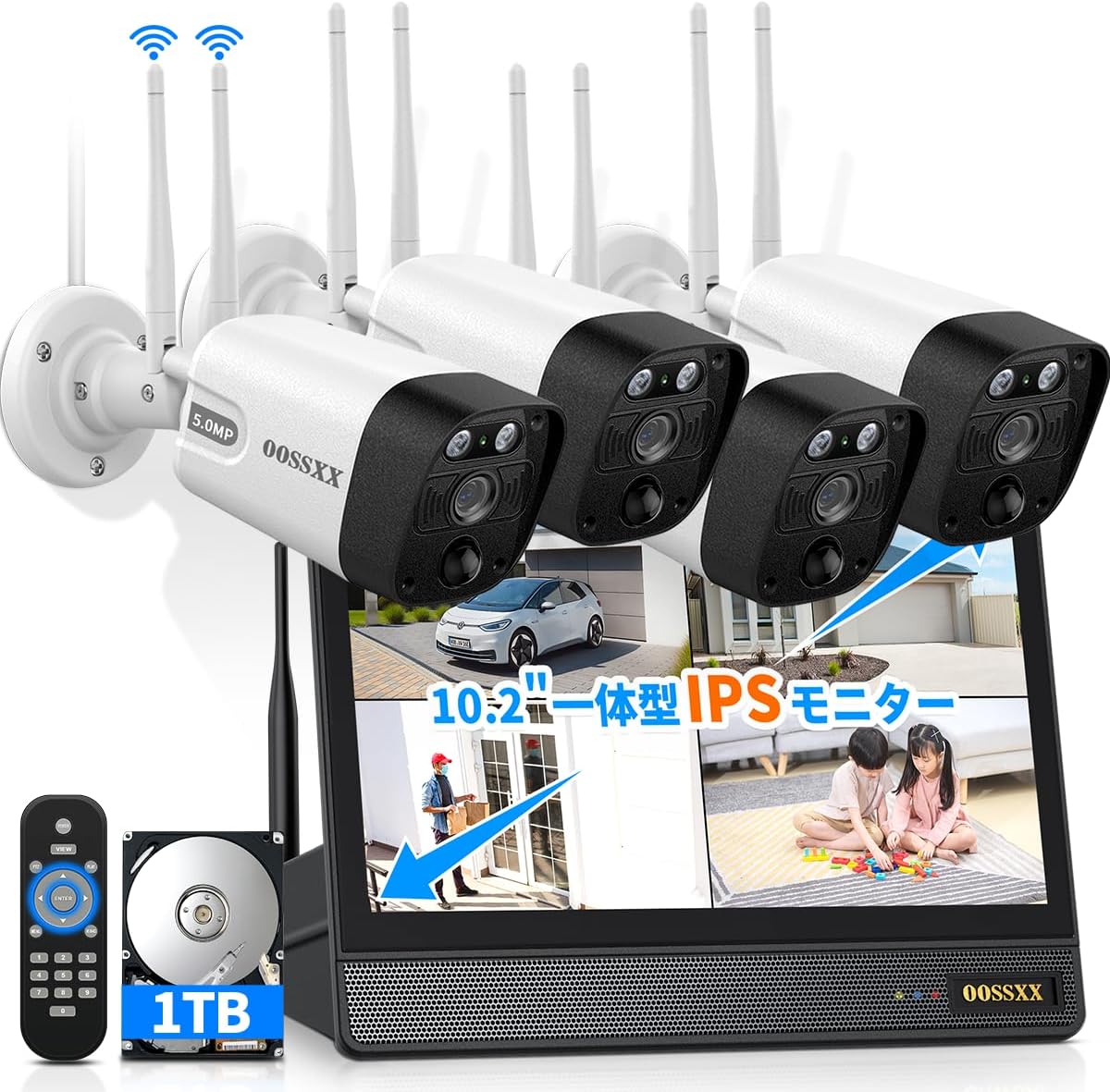 【双方向通話・ダブルアンテナ信号強化・130° 超広角】 OOSSXX ワイヤレス 屋外 監視カメラ ワイヤレス 監視カメラ 防犯カメラセットランキング モニター一体型録画機 4台セット 無線 セキュリティネットワーク3K 500万画素