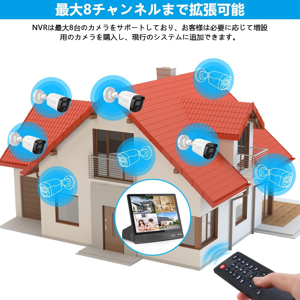 【500万画素・130°超広角】OOSSXX AHD 有線セキュリティカメラシステム NVR キット 屋内 屋外 4台防犯カメラシステム 監視レコーダーシステム スマホ対応監視カメラ・録画機セット 防犯カメラセット モニター付き一体型録画機