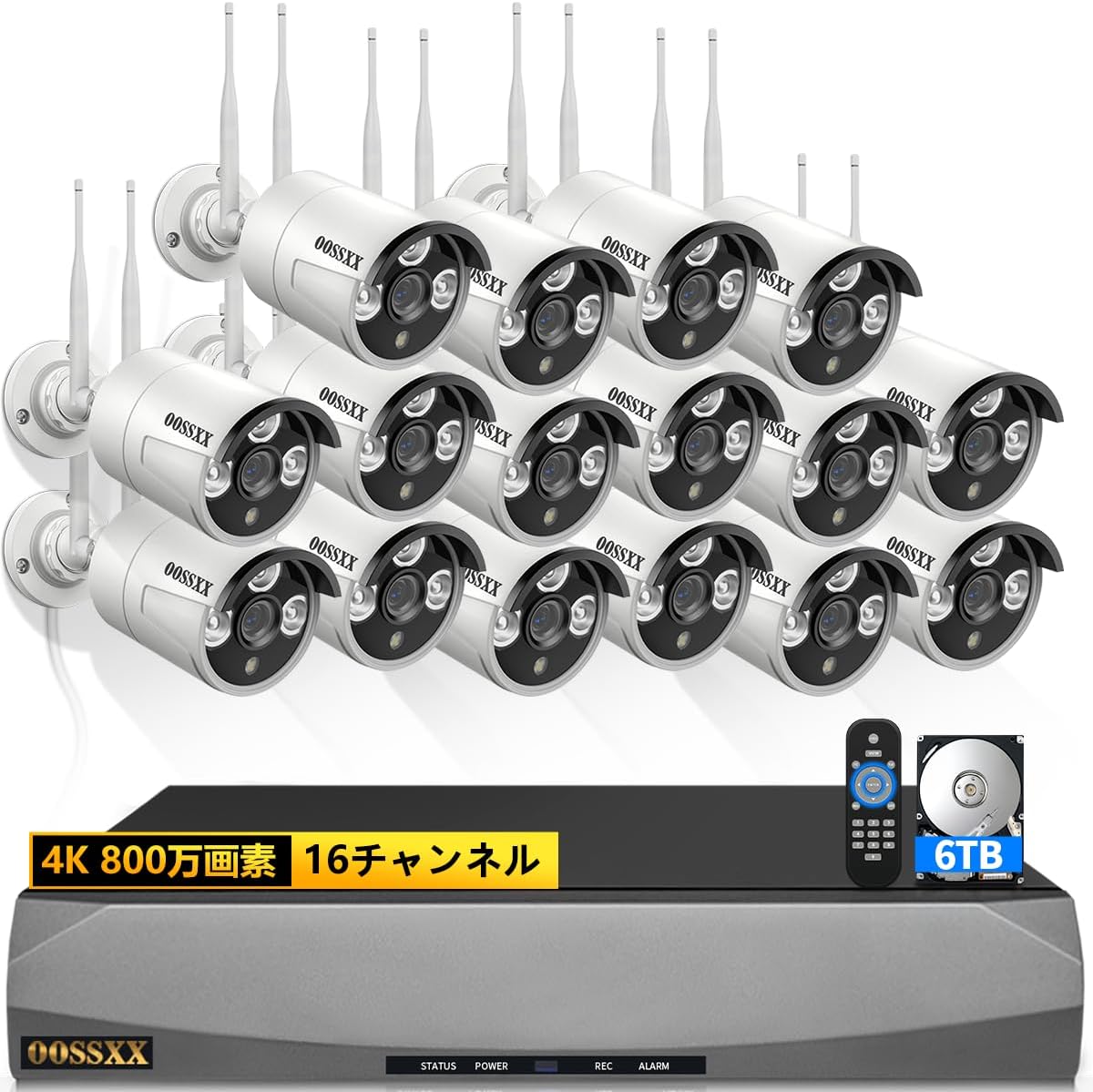 【ダブルアンテナ信号強化・4K 800万画素 16チャンネル録画機・AI人体検出】 OOSSXX 防犯カメラ WIFI ワイヤレス 屋内 屋外 2K 300万画素16台 監視カメラシステム ネットワークカメラ セキュリティカメラ スマホ対応 無線