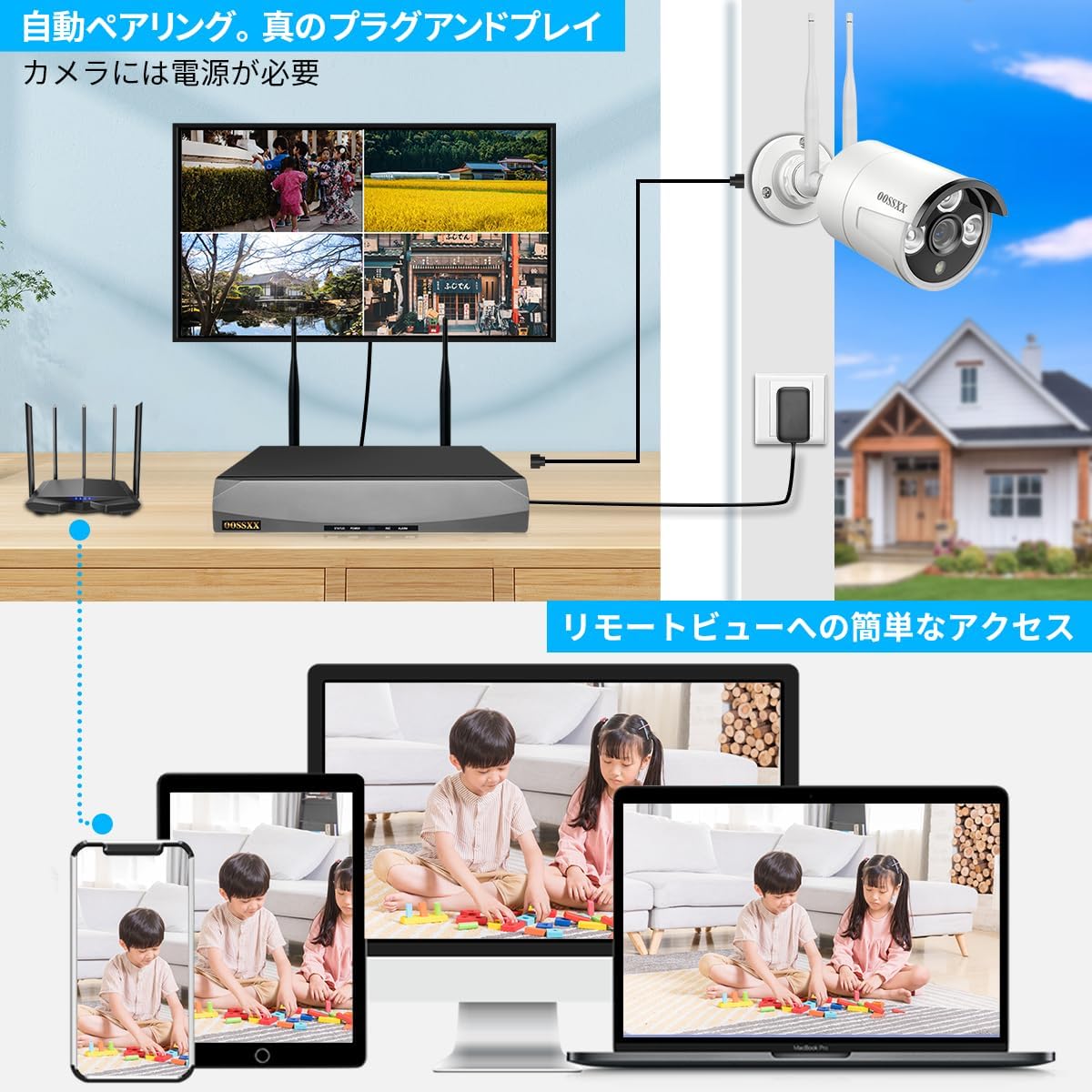 【ダブルアンテナ信号強化・4K 800万画素 16チャンネル録画機・AI人体検出】 OOSSXX 防犯カメラ WIFI ワイヤレス 屋内 屋外 2K 300万画素12台 監視カメラシステム ネットワークカメラ セキュリティカメラ スマホ対応 無線