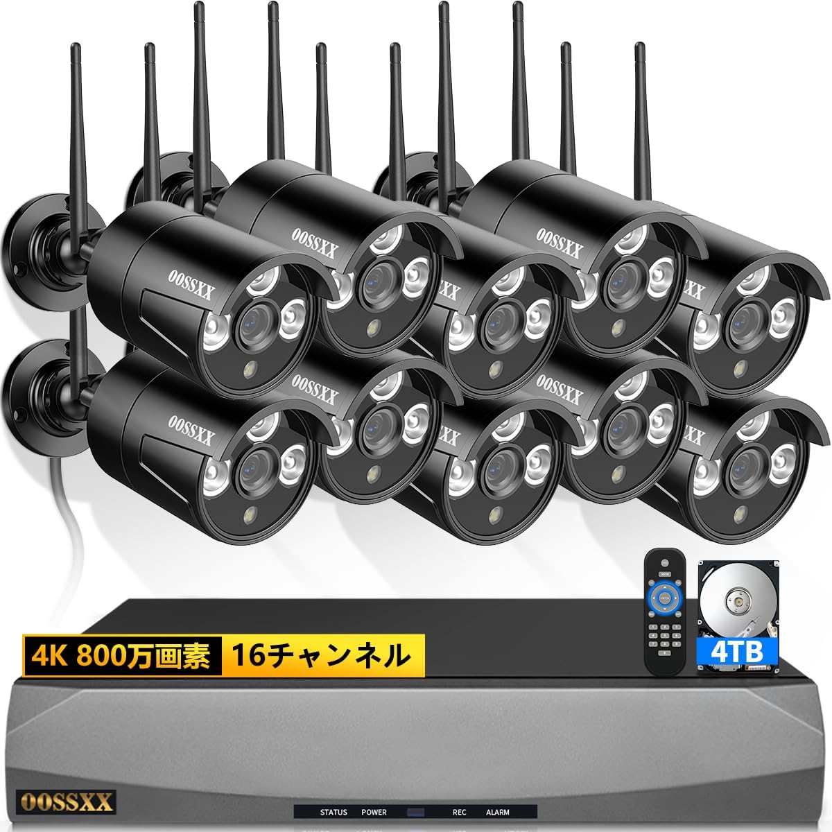 【ダブルアンテナ信号強化・4K 800万画素 16チャンネル録画機・AI人体検出】 OOSSXX 防犯カメラ WIFI ワイヤレス 屋内 屋外 2K 300万画素10台 監視カメラシステム ネットワークカメラ セキュリティカメラ スマホ対応 無線 黒