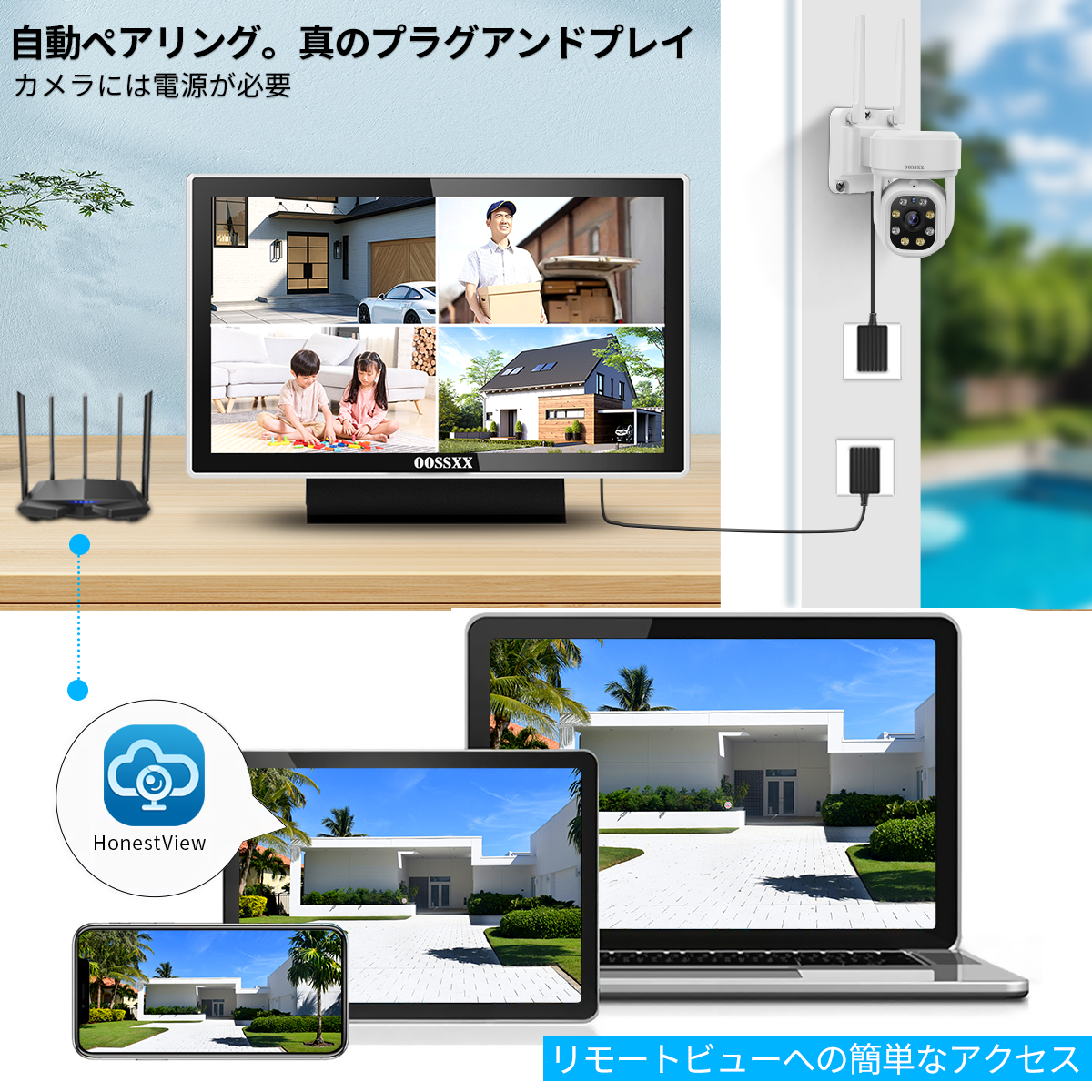 【双方向通話・PTZカメラ】 防犯カメラ ワイヤレス 屋外 500万画素ワイヤレスセット セキュリティ 家庭用防犯カメラ 監視カメラ 屋内 モニター一体型 4台セット 無線