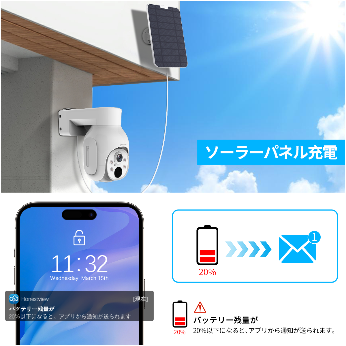 【ソーラーパネル充電・双方向通話・PTZ】 OOSSXX ワイヤレス 防犯カメラ ソーラー 屋外 400万画素 電池式 ソーラーパネル充電 監視カメラ ネットワークカメラ