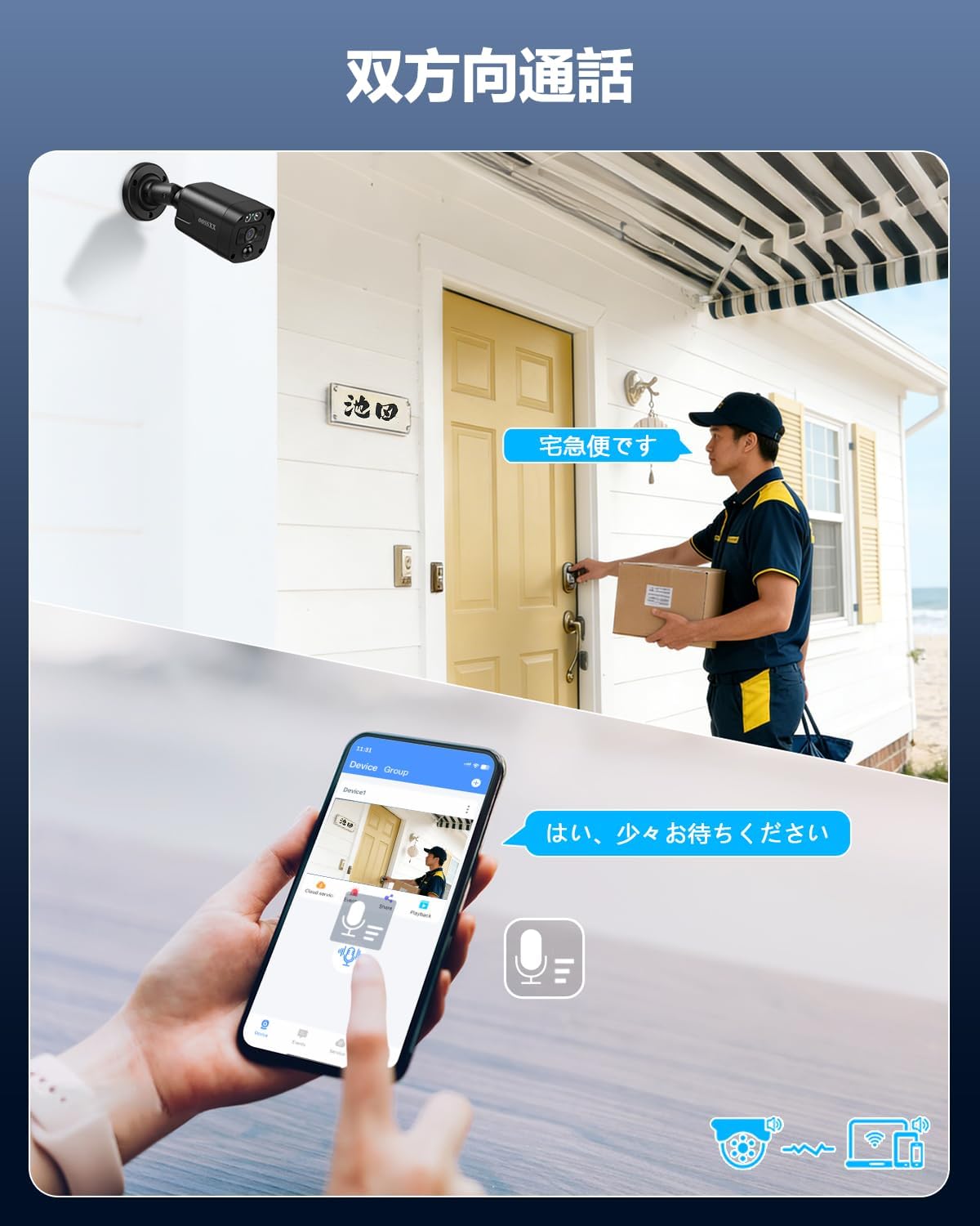 家庭用POE給電防犯カメラ単体 800万画素 双方向通話 130°超広角 AI人体