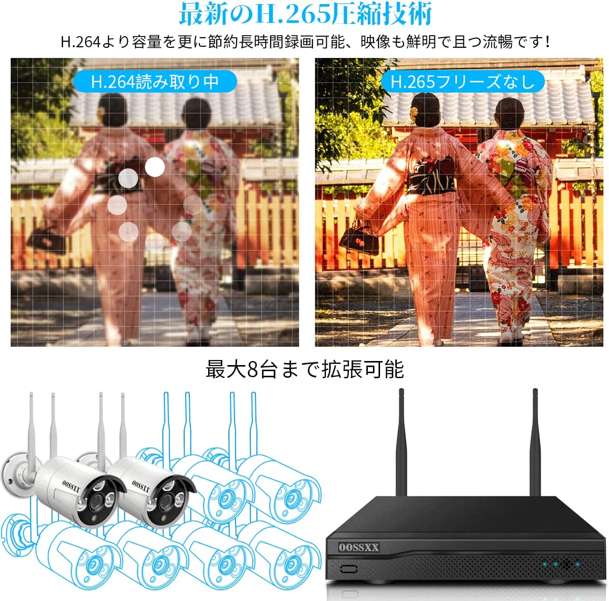 OOSSXX ワイヤレス防犯カメラ NVRレコーダー 録画機 500万画素録画機 10台まで接続可能 遠隔監視 日本語システム 防犯監視  ネットワークレコーダー セキュリティー HDD付属しない(アダプター付属) (ブラック（8CH）) (ワイヤレスNVR)（部品）